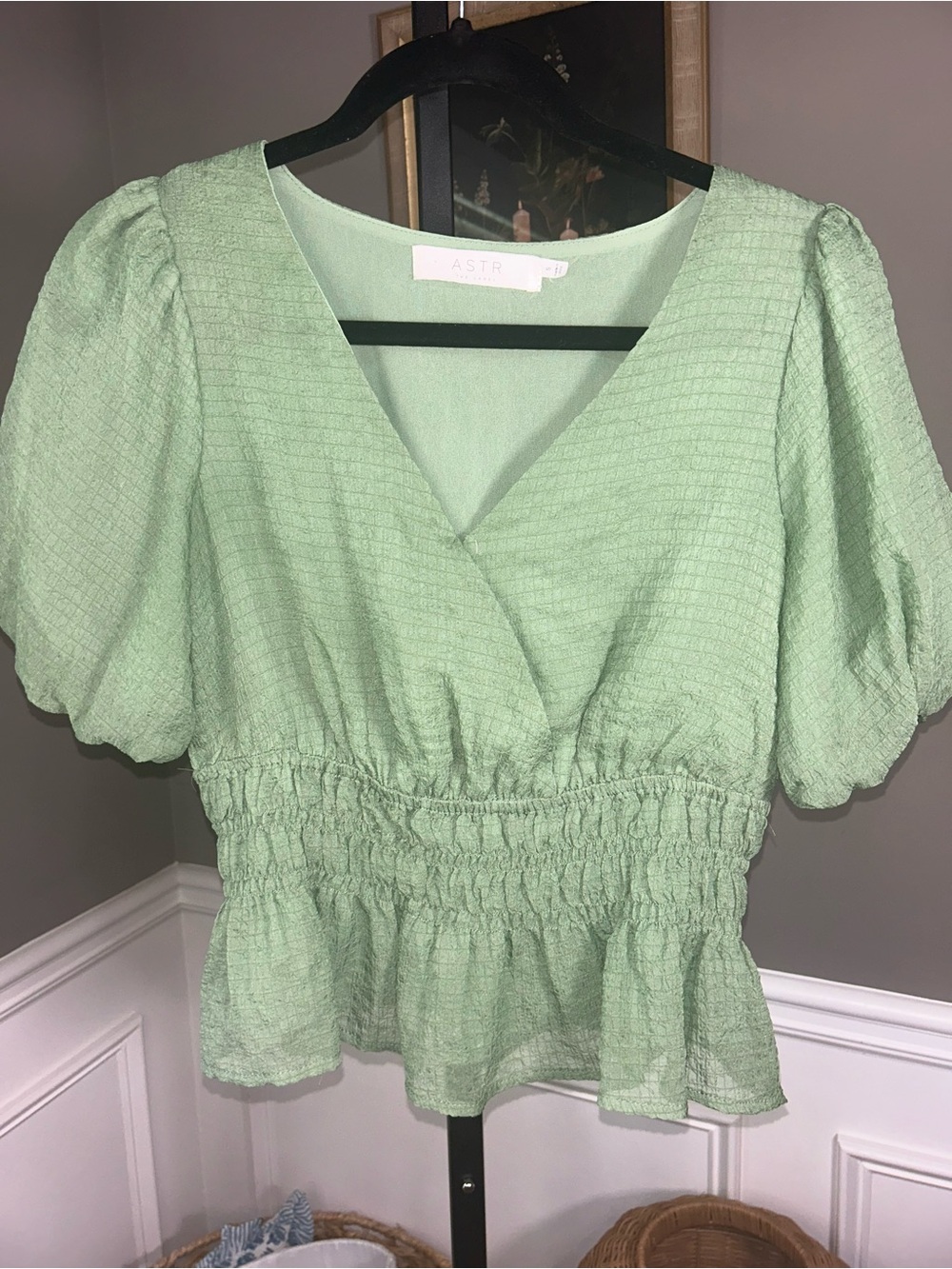 Astr Light Mint Green V-Neck Smocked Peplum Top